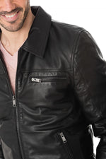 Timeless black sheep leather jacket with shirt collar and zip pockets. - Image n°6