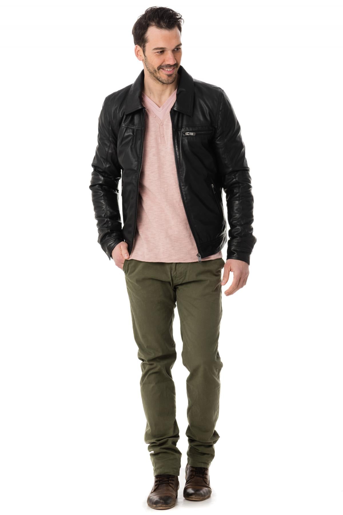 Timeless black sheep leather jacket with shirt collar and zip pockets. - Image n°2
