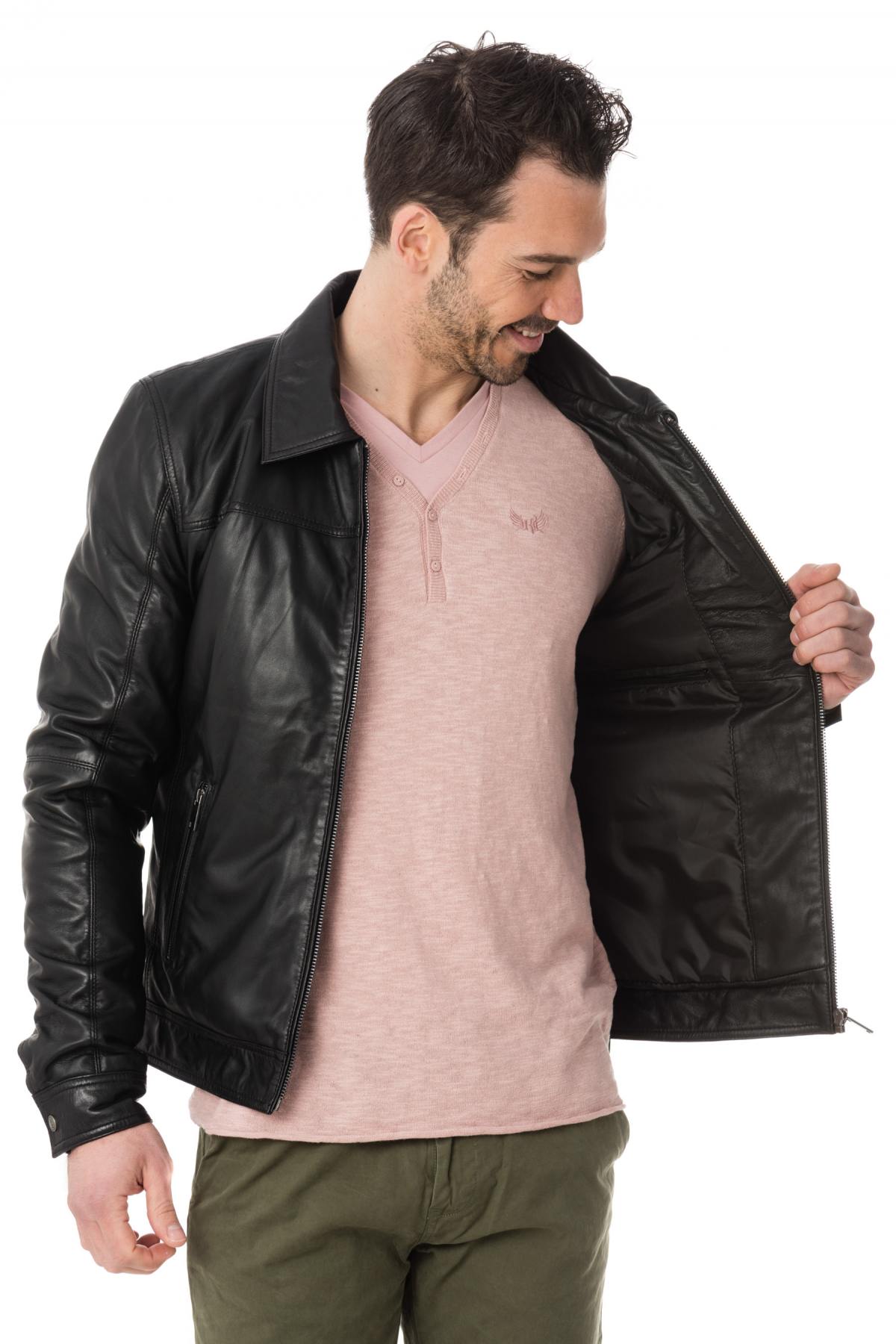 Timeless black sheep leather jacket with shirt collar and zip pockets. - Image n°4