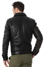 Timeless black sheep leather jacket with shirt collar and zip pockets. - Image n°5