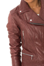 Burgundy lambskin biker jacket with a snug fit and silver zips. - Image n°7