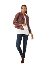 Burgundy lambskin biker jacket with a snug fit and silver zips. - Image n°2