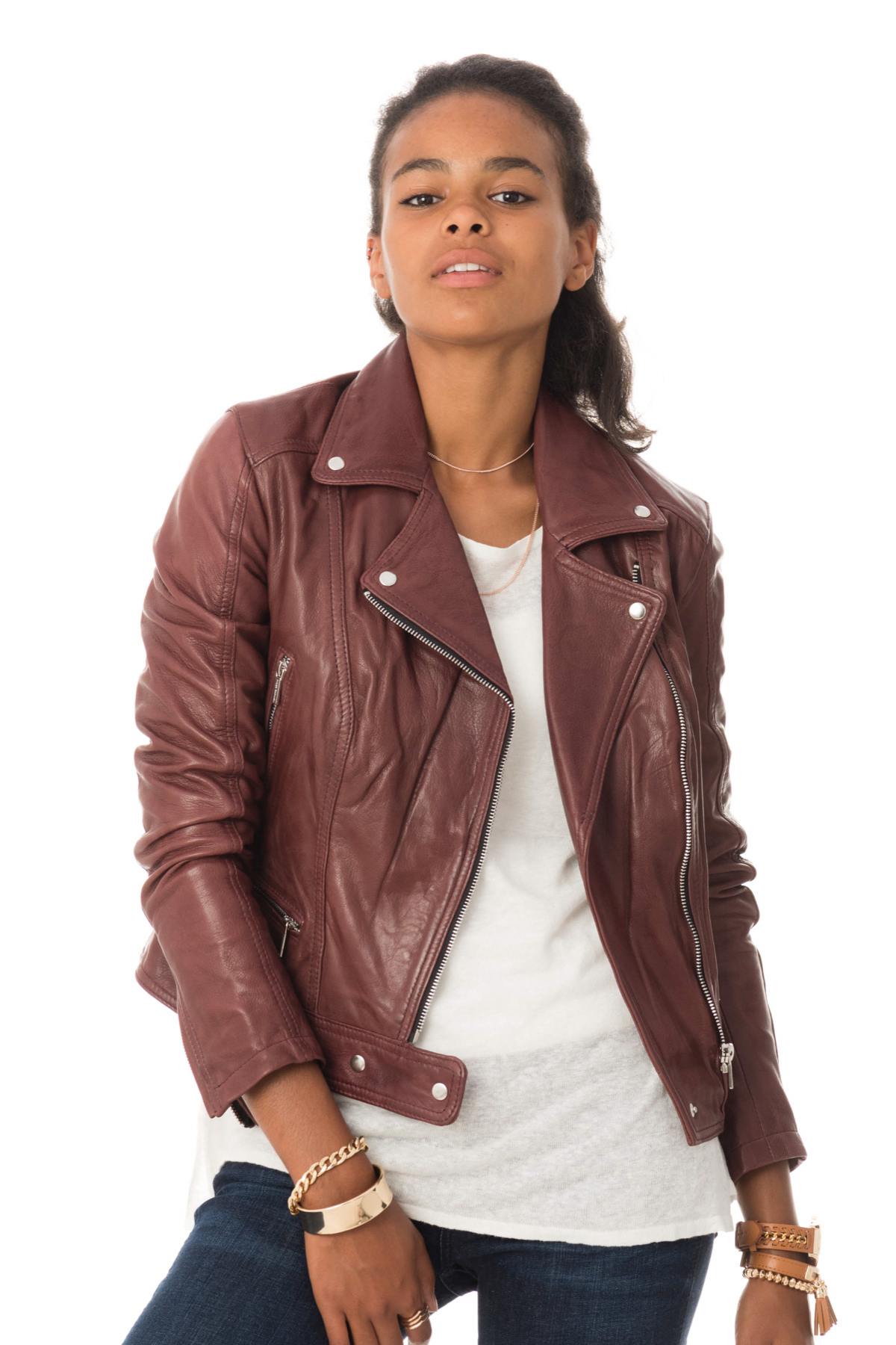 Burgundy lambskin biker jacket with a snug fit and silver zips. - Image n°1