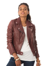Burgundy lambskin biker jacket with a snug fit and silver zips. - Image n°1