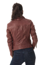 Burgundy lambskin biker jacket with a snug fit and silver zips. - Image n°6