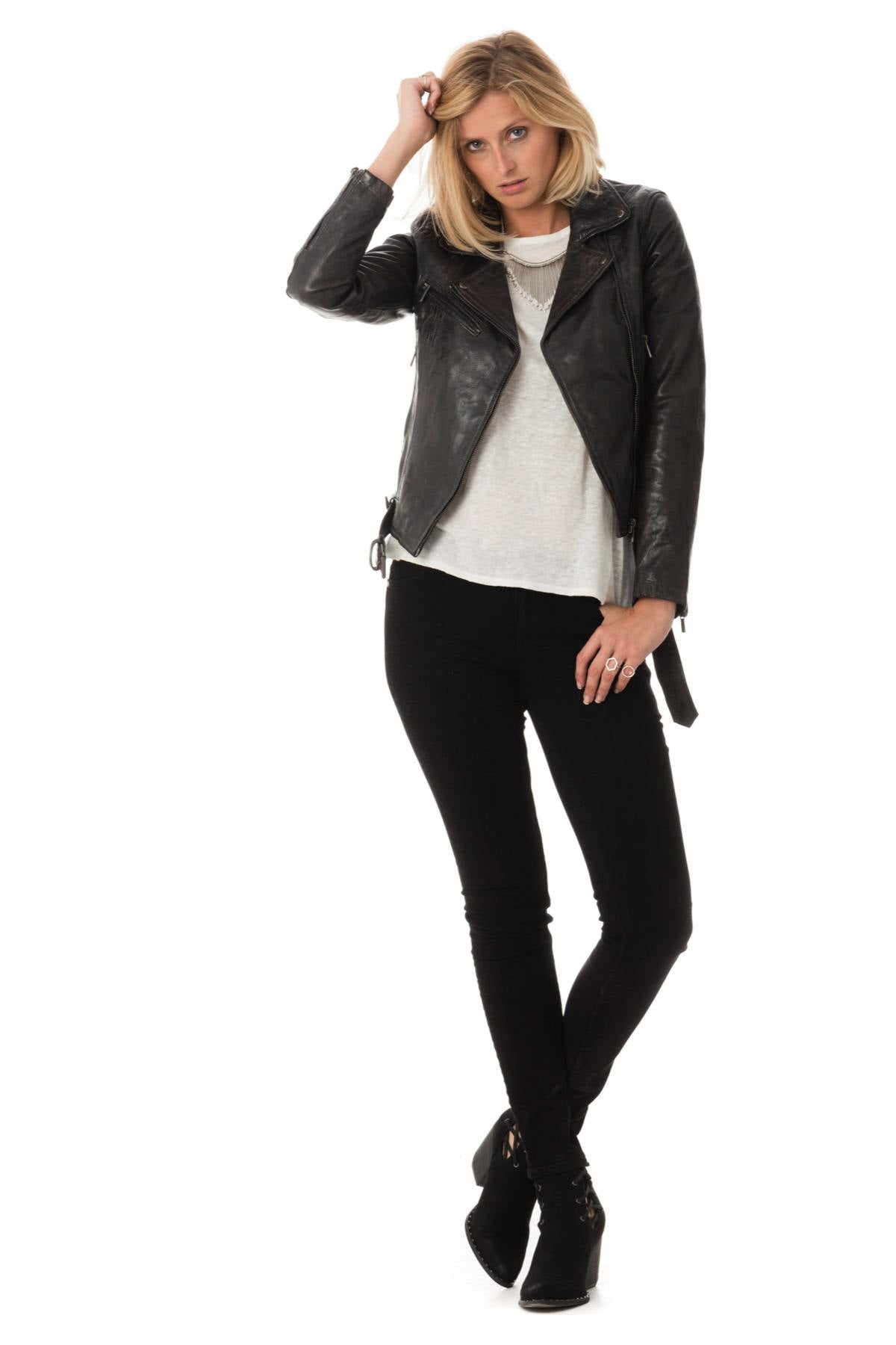 Slimfit biker jacket in soft lambskin, olive-hued with an aged finish. - Image n°2