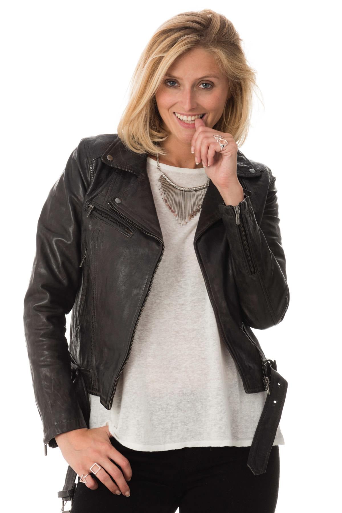 Slimfit biker jacket in soft lambskin, olive-hued with an aged finish. - Image n°1