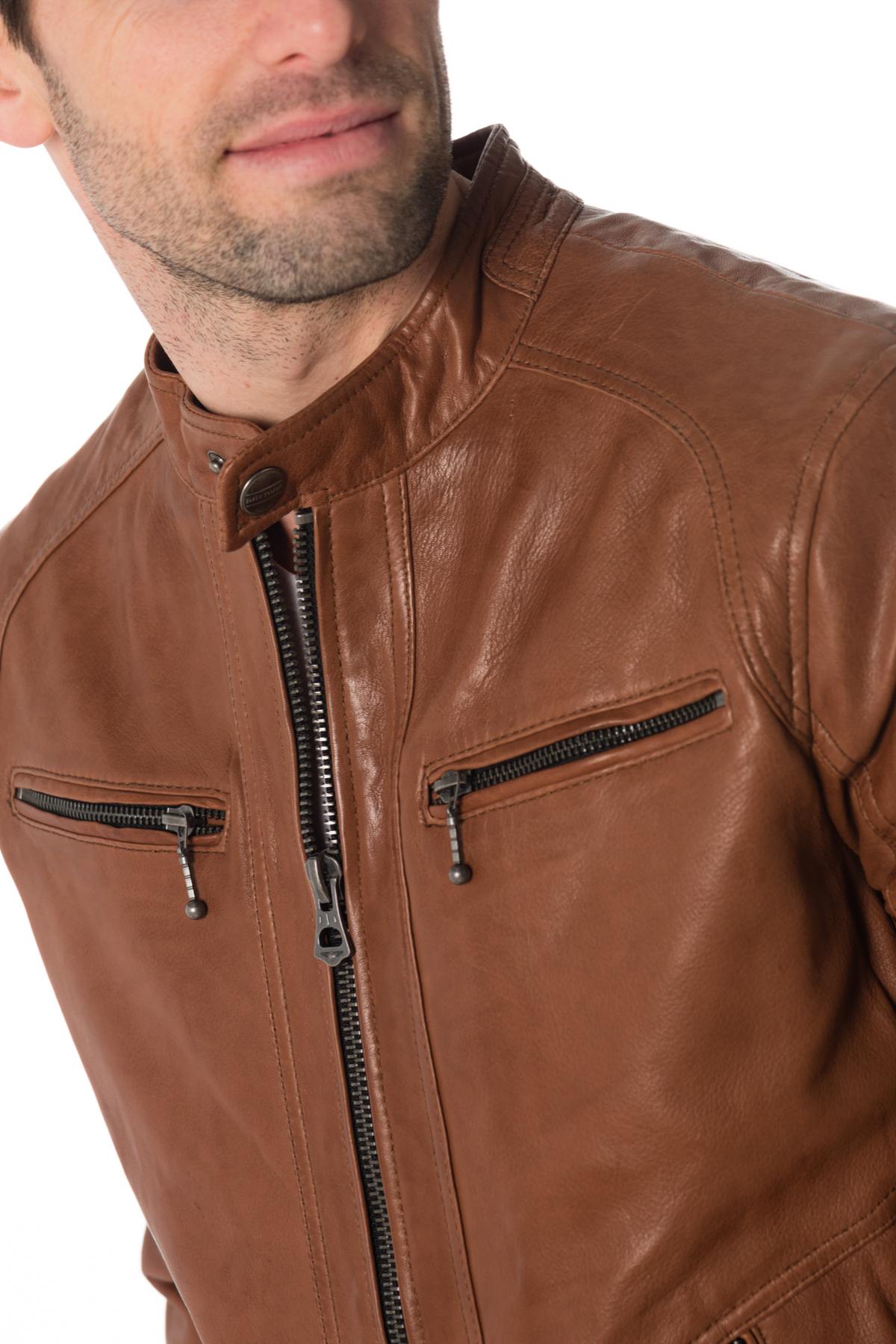 Dark cognac lambskin jacket, slim fit with biker collar and zips. - Image n°7