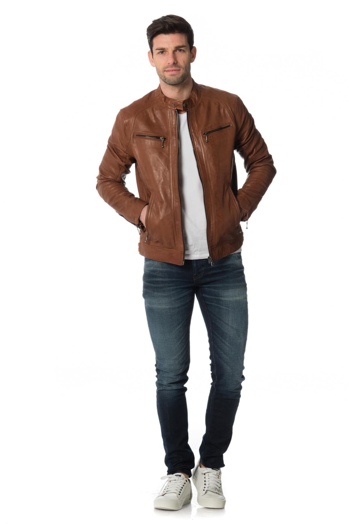 Dark cognac lambskin jacket, slim fit with biker collar and zips. - Image n°2