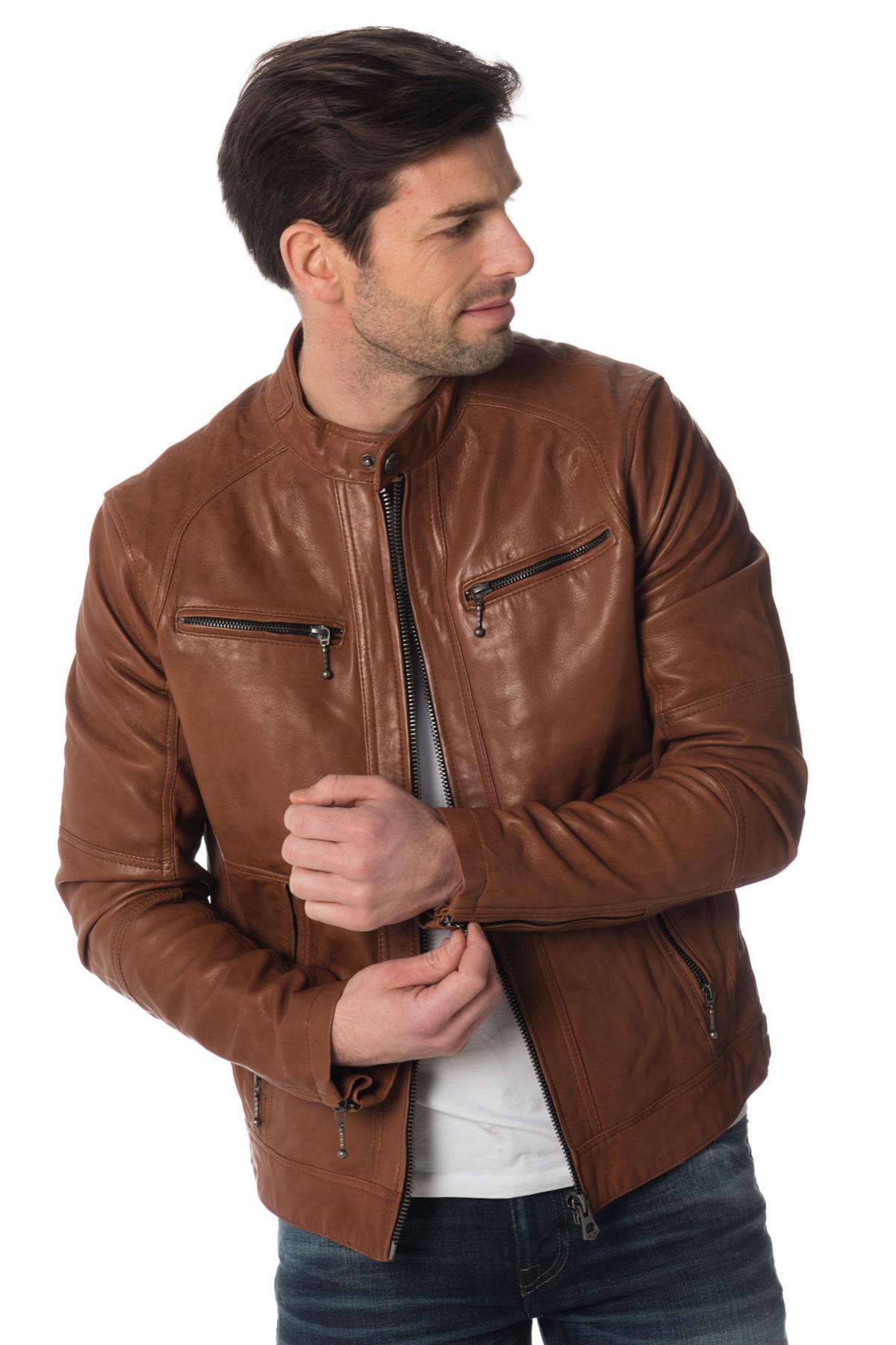 Dark cognac lambskin jacket, slim fit with biker collar and zips. - Image n°3