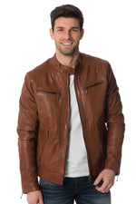Dark cognac lambskin jacket, slim fit with biker collar and zips. - Image n°4