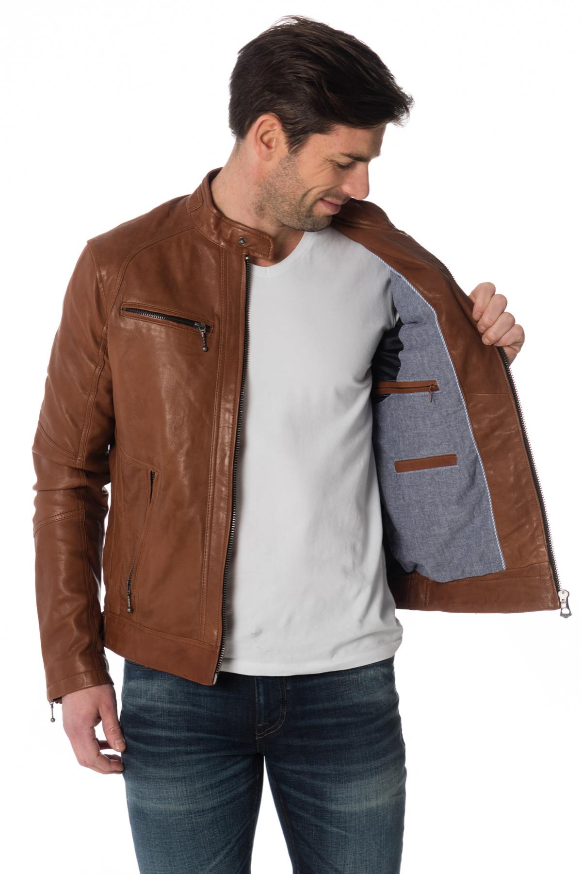 Dark cognac lambskin jacket, slim fit with biker collar and zips. - Image n°5