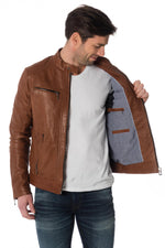Dark cognac lambskin jacket, slim fit with biker collar and zips. - Image n°5