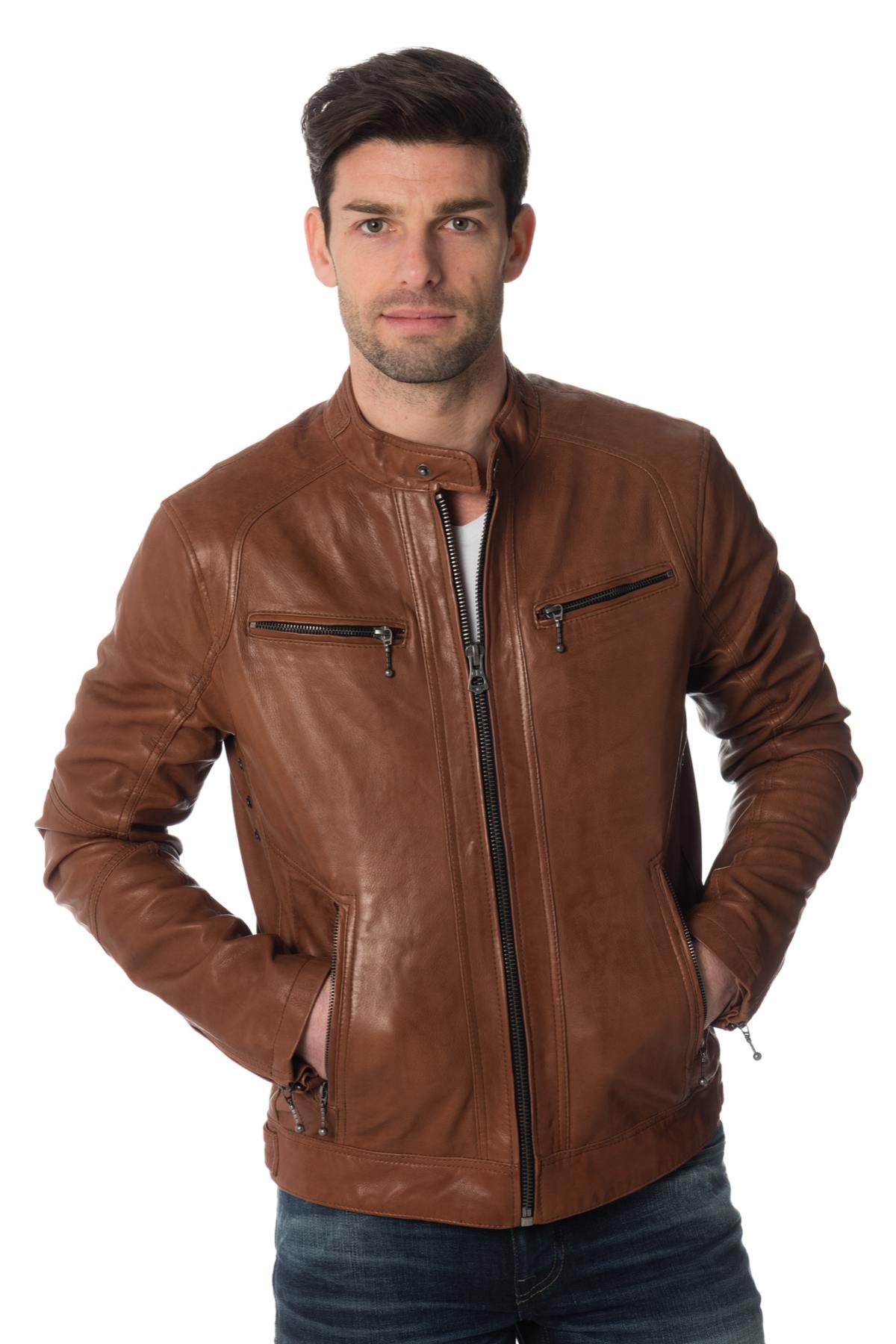 Dark cognac lambskin jacket, slim fit with biker collar and zips. - Image n°1