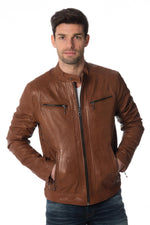 Dark cognac lambskin jacket, slim fit with biker collar and zips. - Image n°1