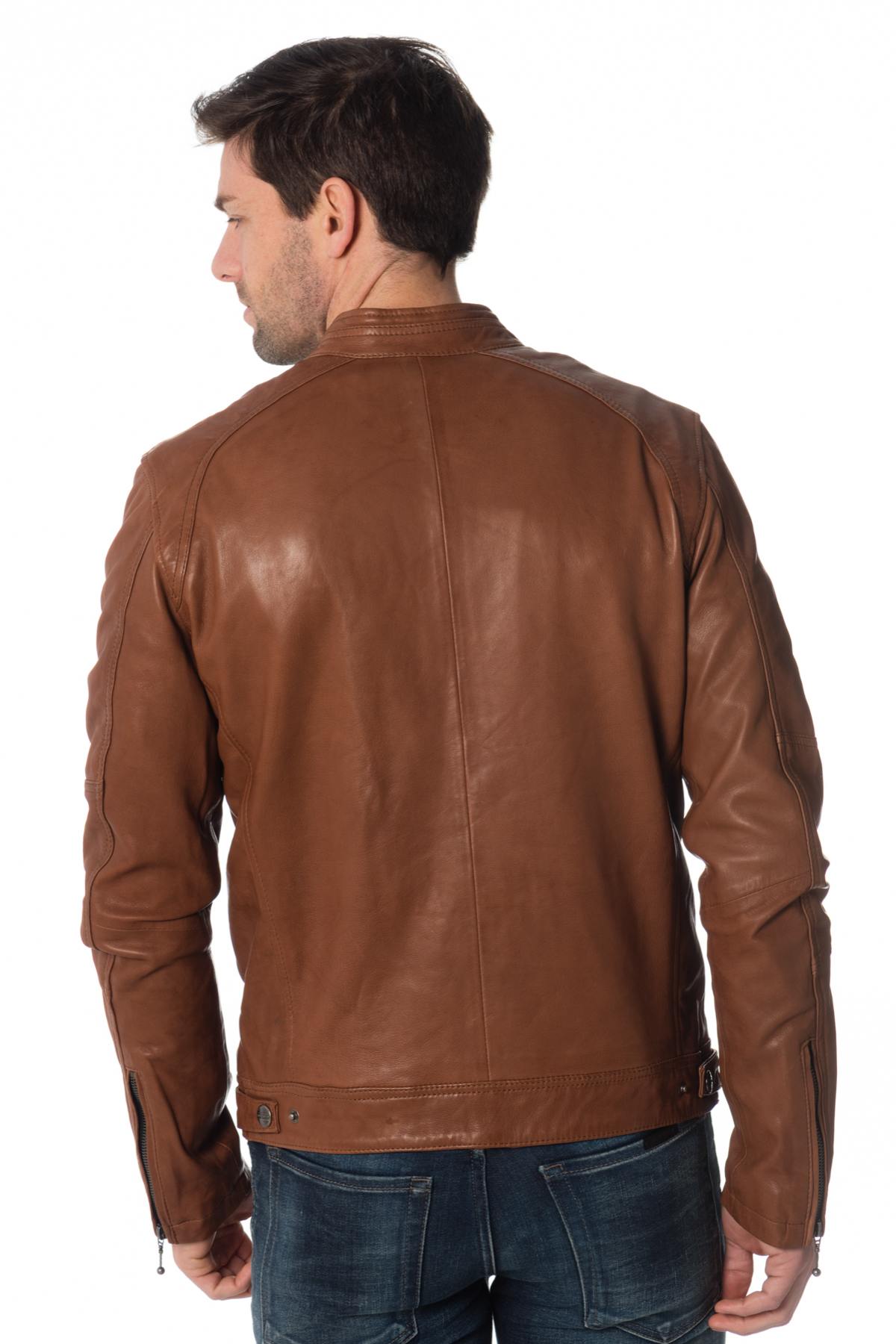 Dark cognac lambskin jacket, slim fit with biker collar and zips. - Image n°6