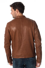 Dark cognac lambskin jacket, slim fit with biker collar and zips. - Image n°6