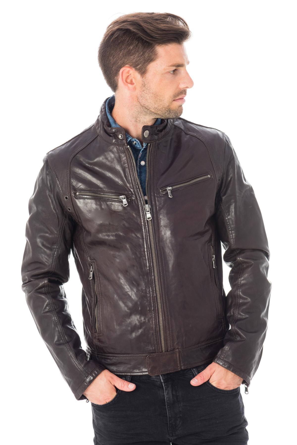 Reddish-brown sheepskin biker jacket with a tailored, adjustable fit. - Image n°1