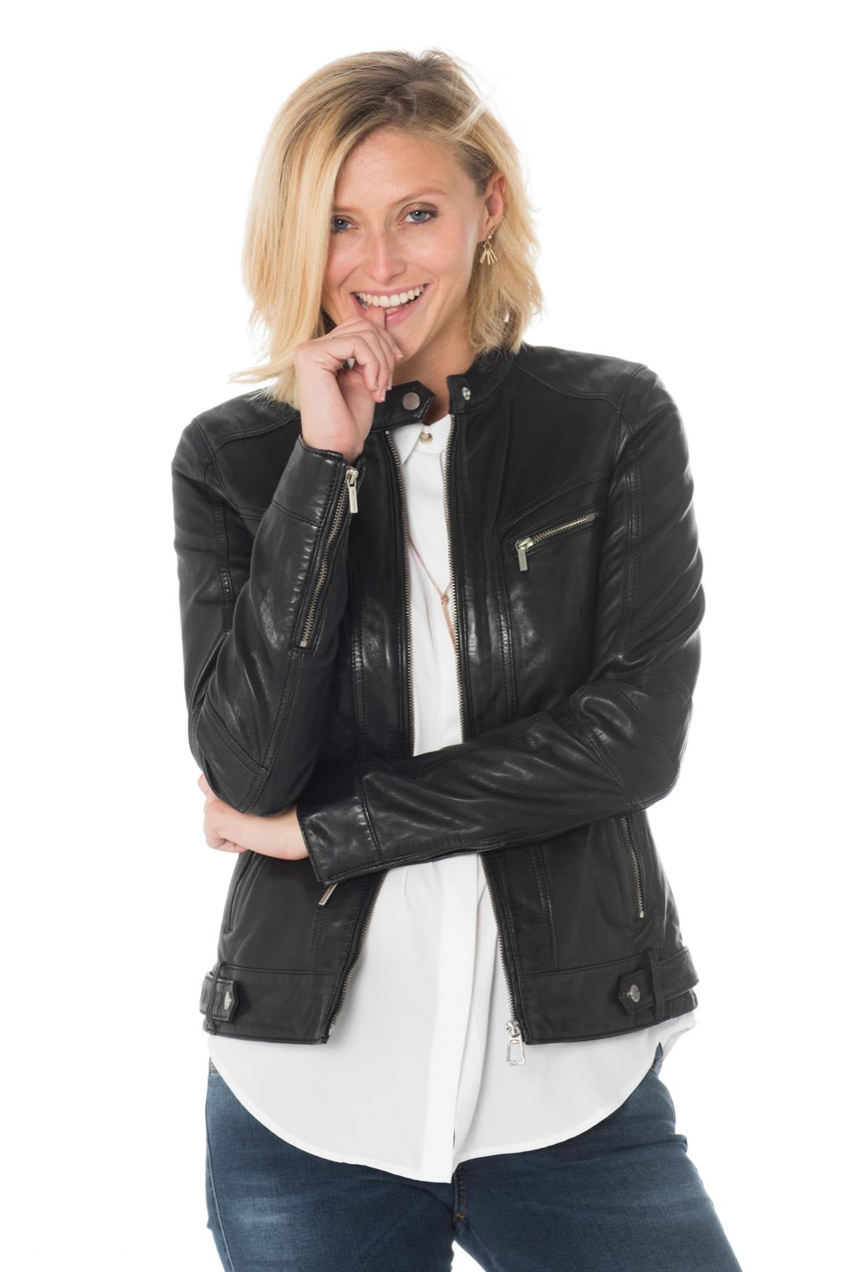 Black sheep leather jacket with Mao collar and distressed patina. - Image n°3