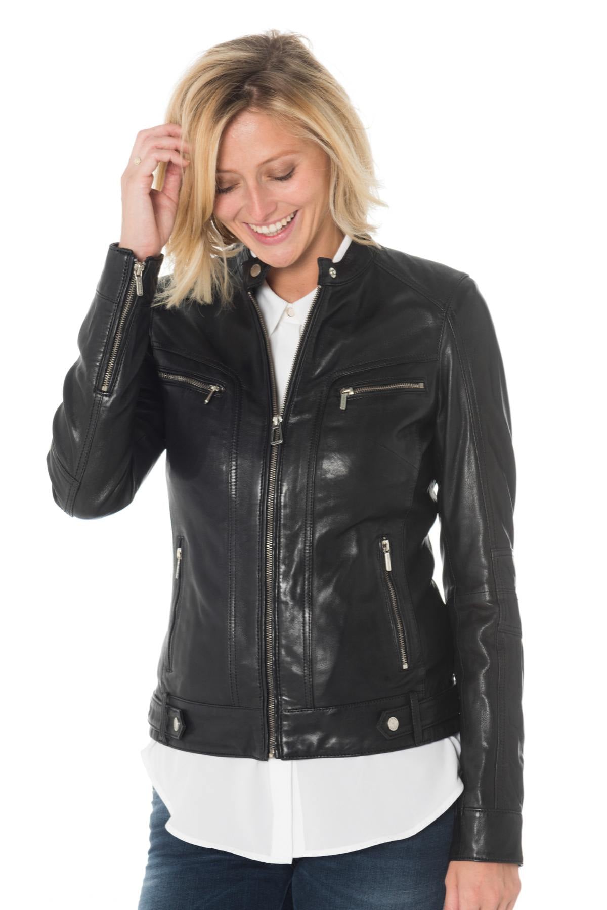 Black sheep leather jacket with Mao collar and distressed patina. - Image n°1