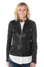 Black sheep leather jacket with Mao collar and distressed patina. - Image n°4