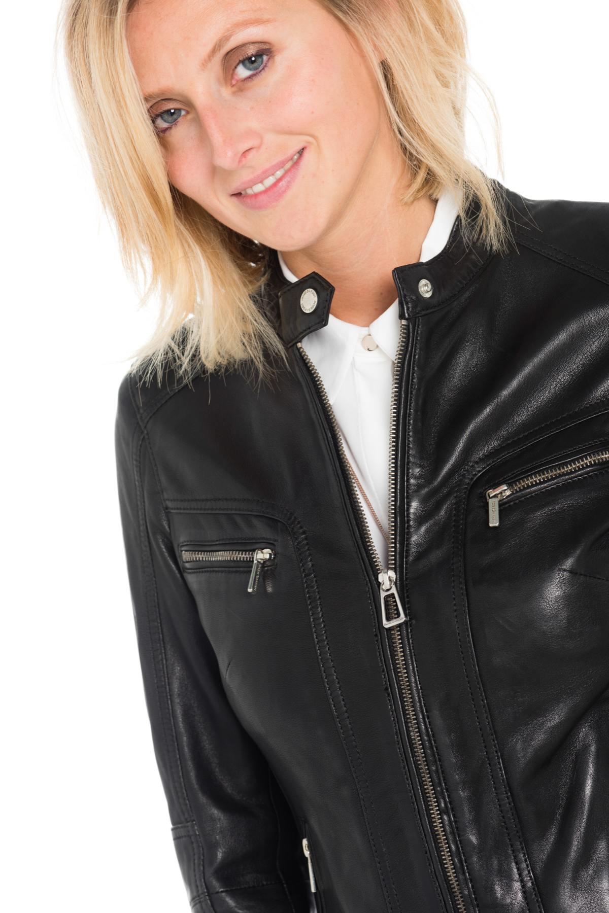 Black sheep leather jacket with Mao collar and distressed patina. - Image n°7