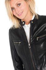 Black sheep leather jacket with Mao collar and distressed patina. - Image n°7