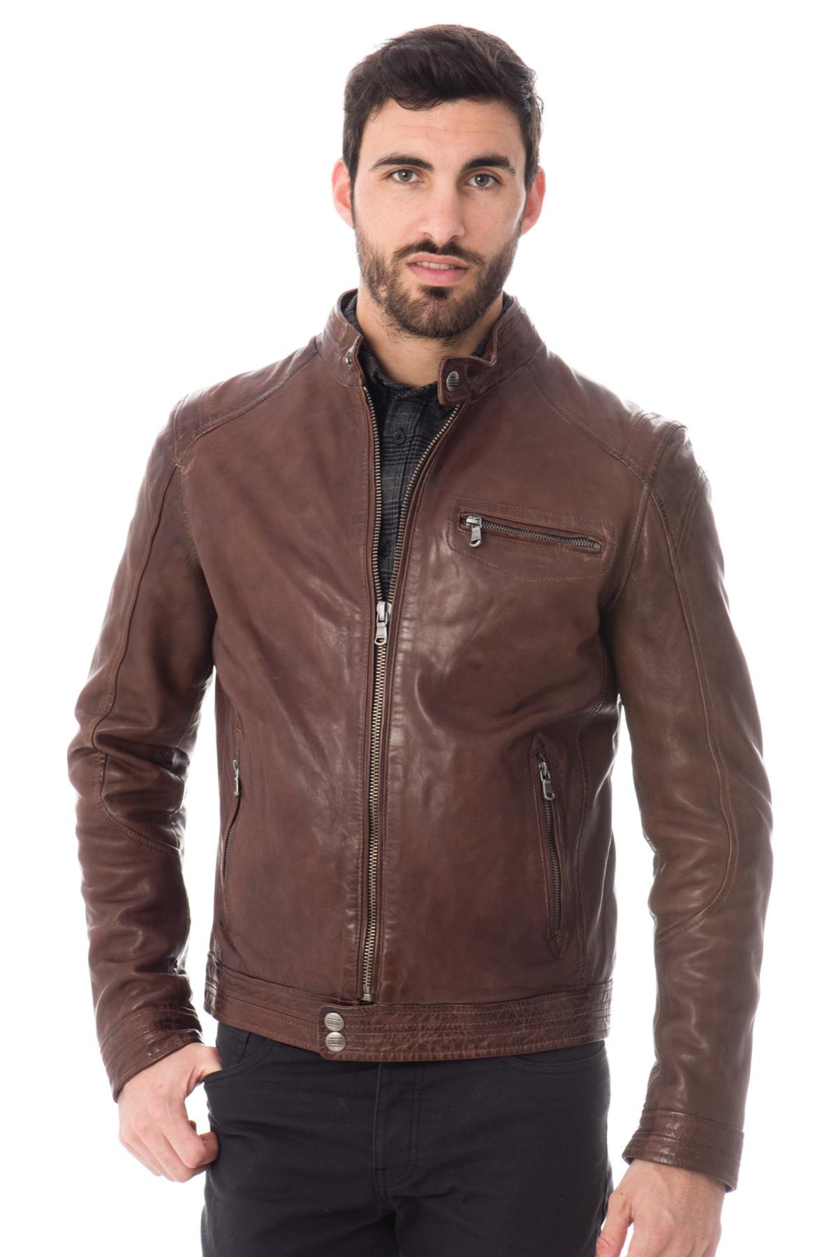 Soft lambskin biker jacket in aged bison. Slim fit, vintage appeal. - Image n°1