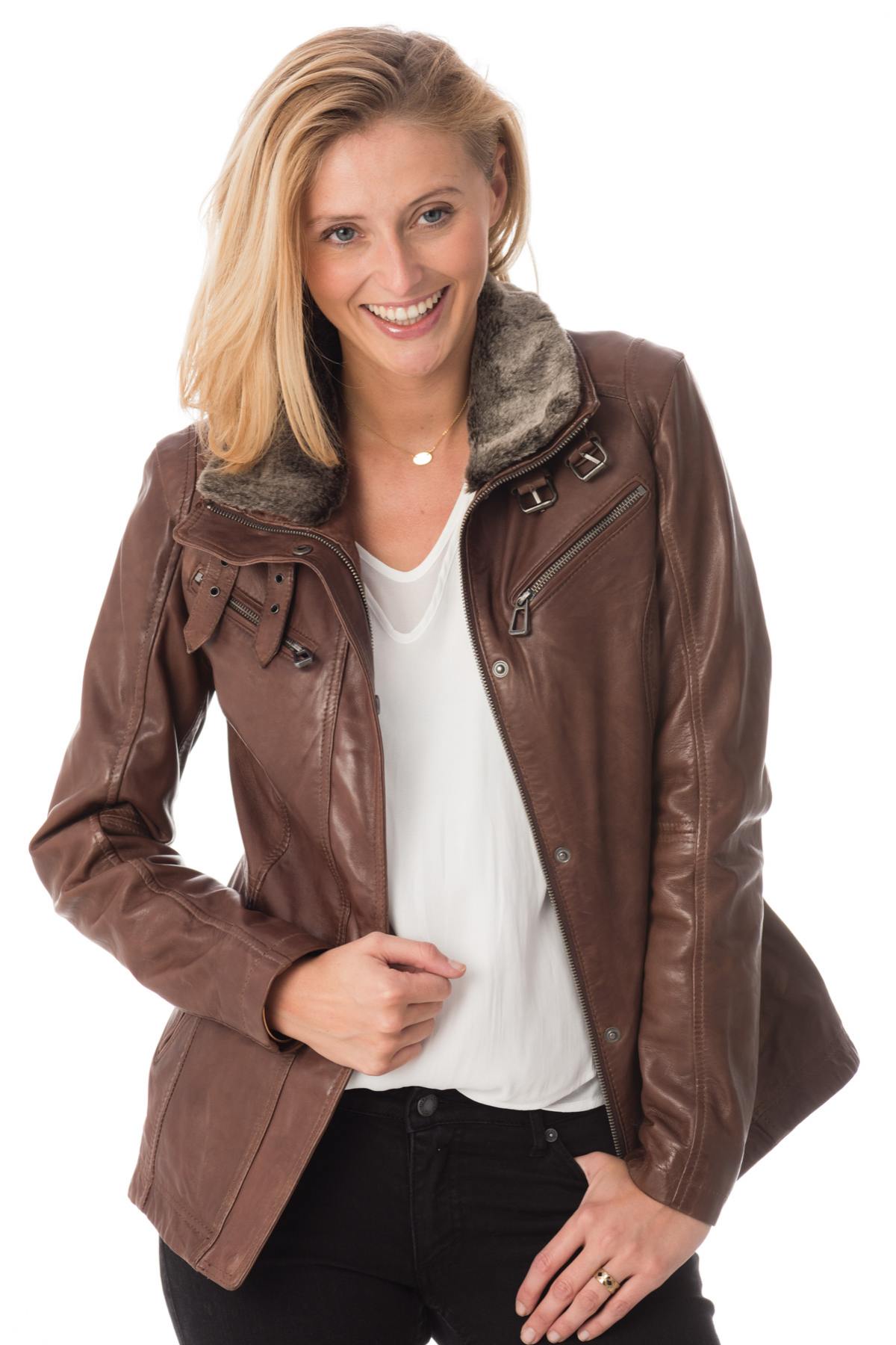Aged brown sheepskin aviator jacket with detachable fur collar. - Image n°1