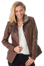 Aged brown sheepskin aviator jacket with detachable fur collar. - Image n°1