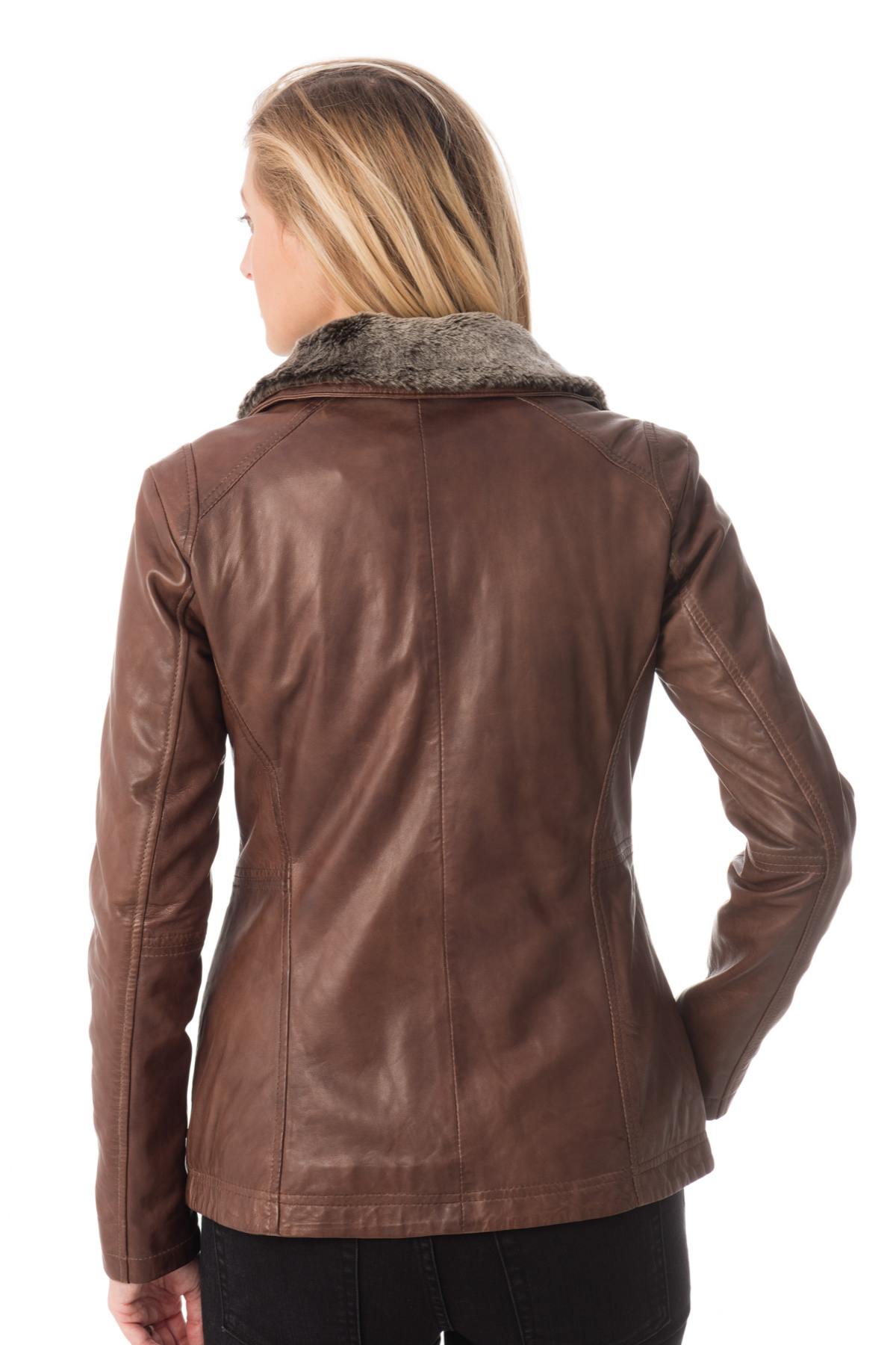 Aged brown sheepskin aviator jacket with detachable fur collar. - Image n°5