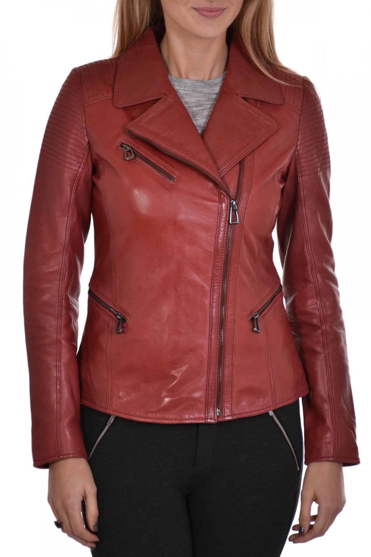Ruby dark red lambskin biker jacket, slim fit for rock-inspired style. - Image n°5
