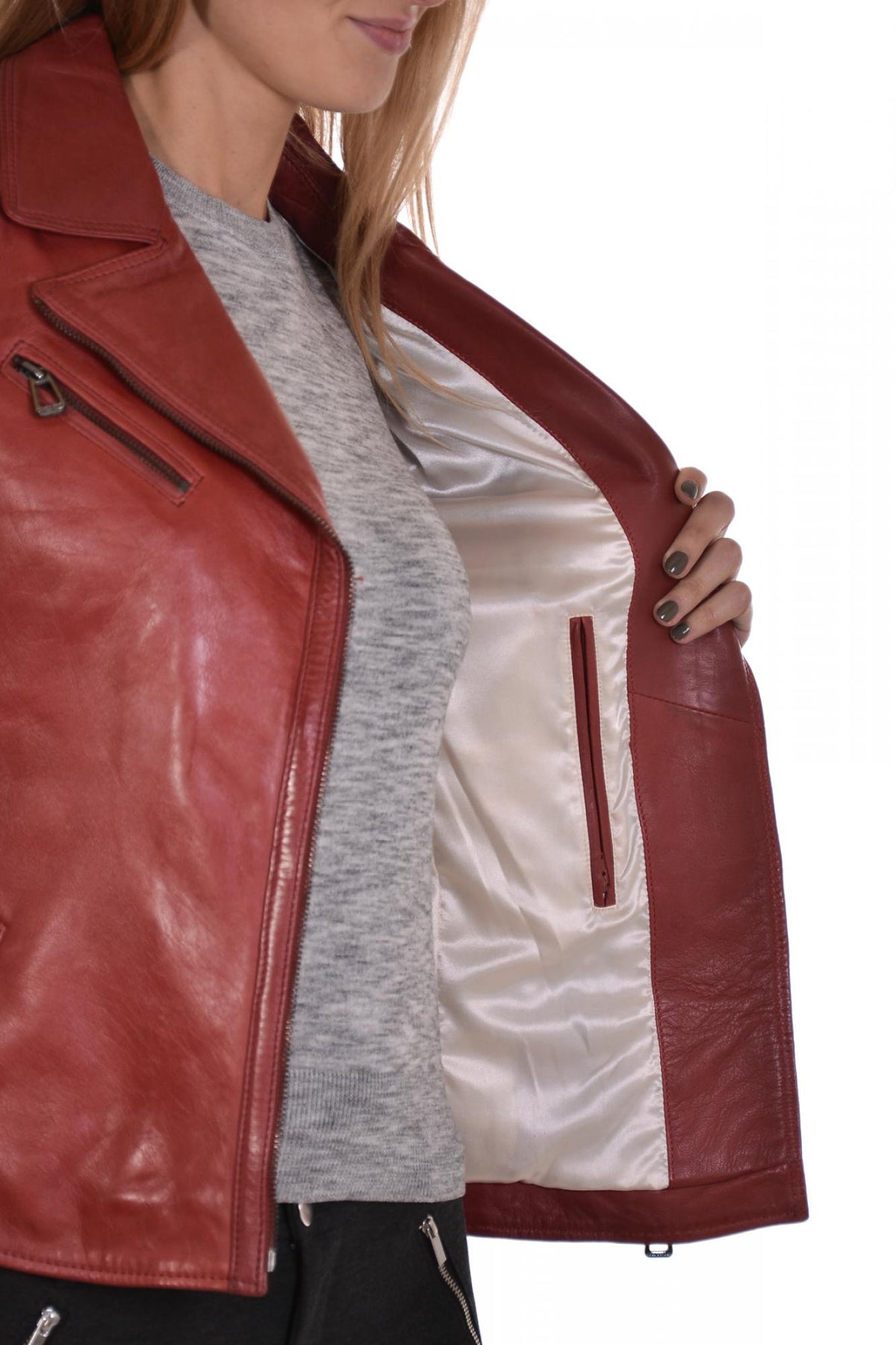 Ruby dark red lambskin biker jacket, slim fit for rock-inspired style. - Image n°6