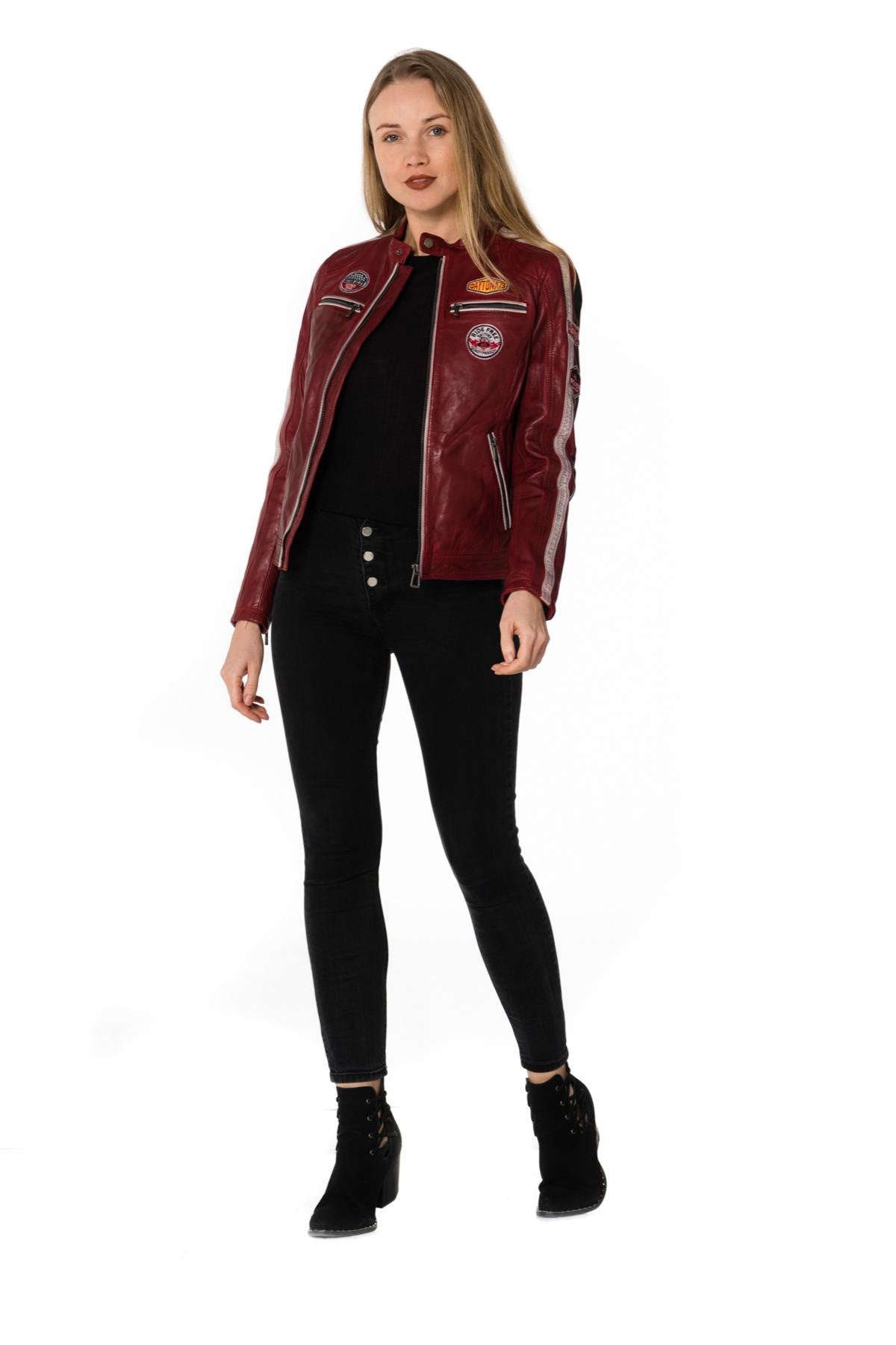 women's red lambskin leather jacket with patches - Image n°8