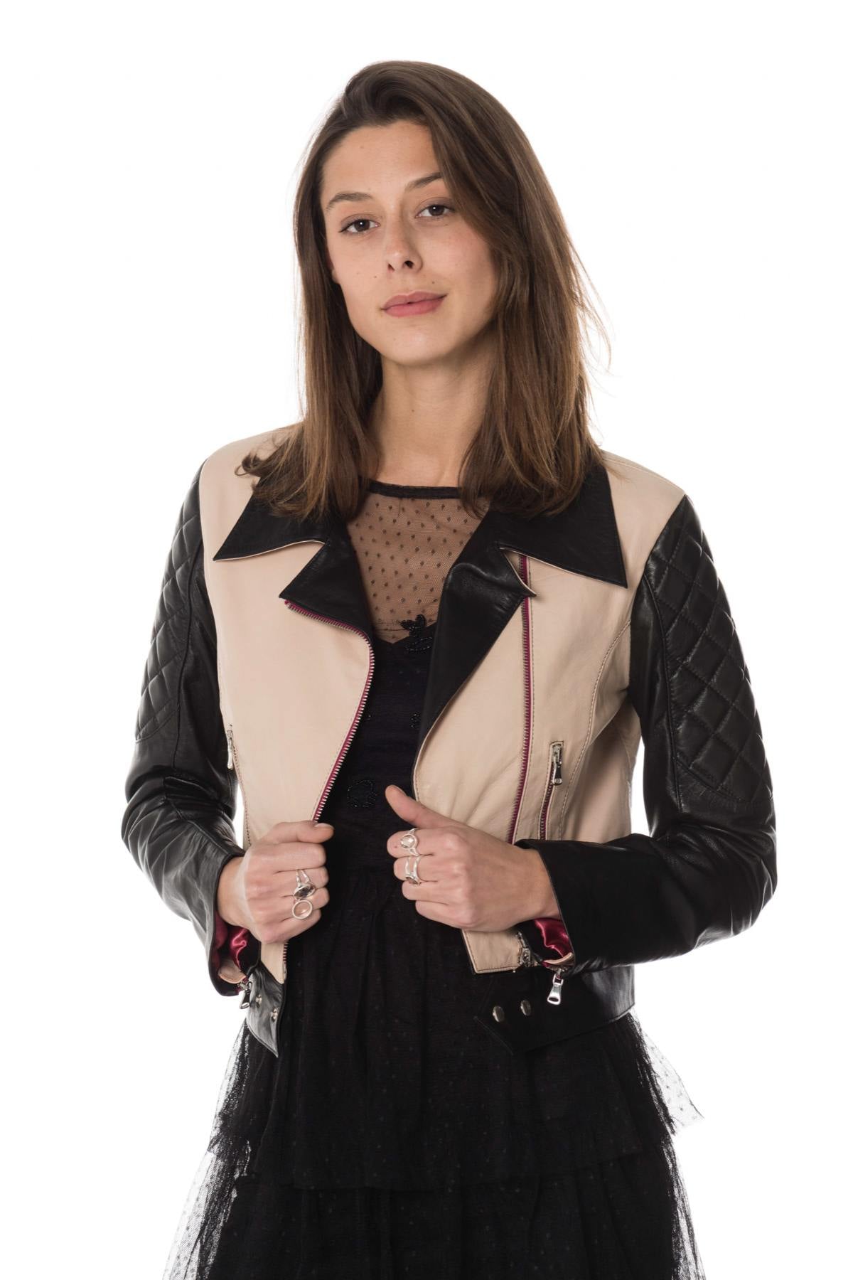 Taupe and black lambskin biker jacket. Slim fit with quilted sleeves. - Image n°1