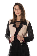 Taupe and black lambskin biker jacket. Slim fit with quilted sleeves. - Image n°1