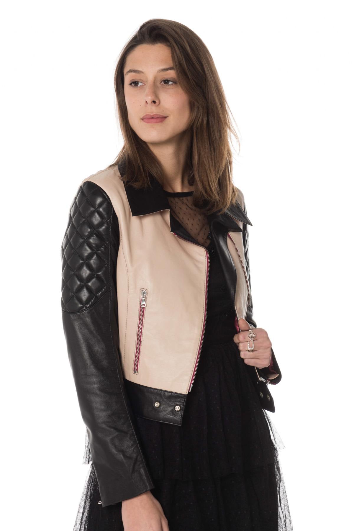 Taupe and black lambskin biker jacket. Slim fit with quilted sleeves. - Image n°4