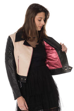 Taupe and black lambskin biker jacket. Slim fit with quilted sleeves. - Image n°6