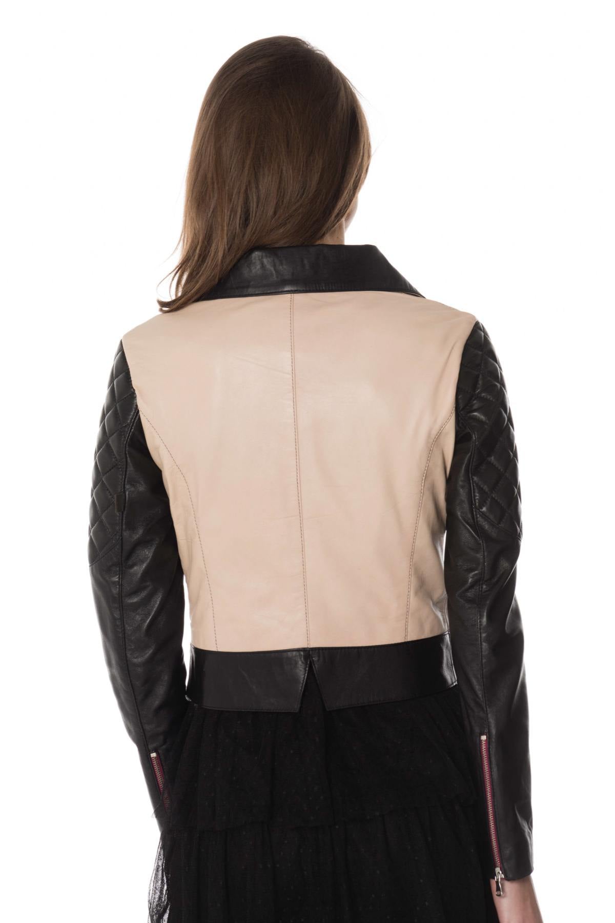 Taupe and black lambskin biker jacket. Slim fit with quilted sleeves. - Image n°7
