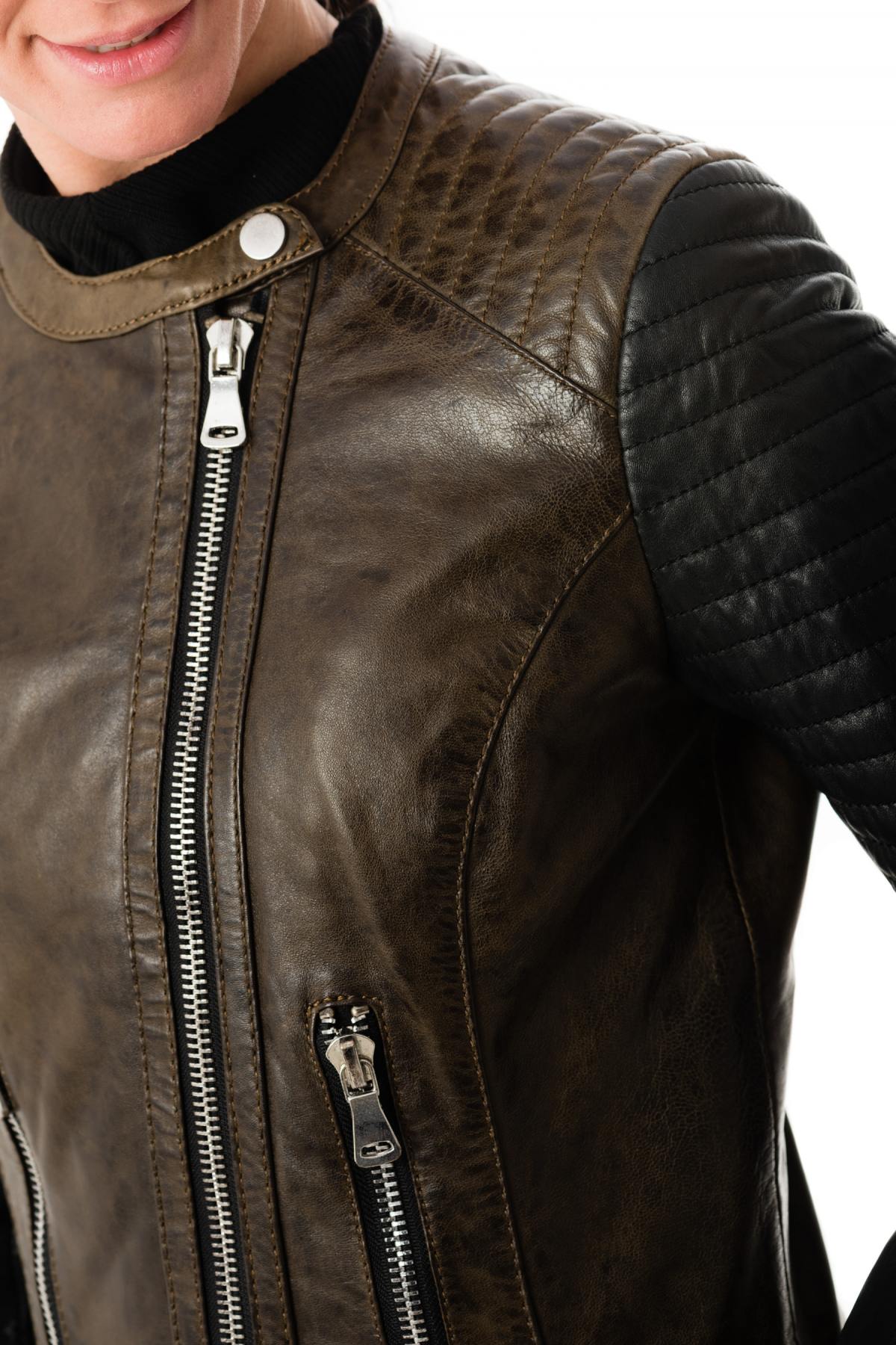Korintage Leather Jacket for Women Khaki and Black - Image n°7