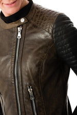 Korintage Leather Jacket for Women Khaki and Black - Image n°7