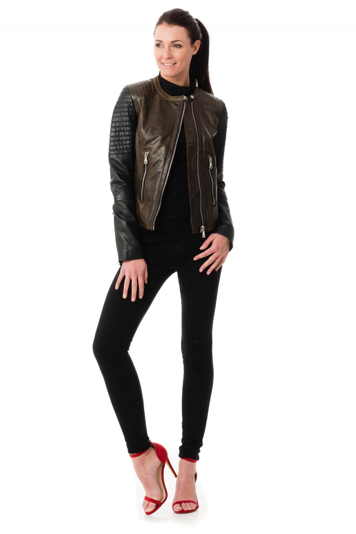 Korintage Leather Jacket for Women Khaki and Black - Image n°2