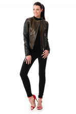 Korintage Leather Jacket for Women Khaki and Black - Image n°2