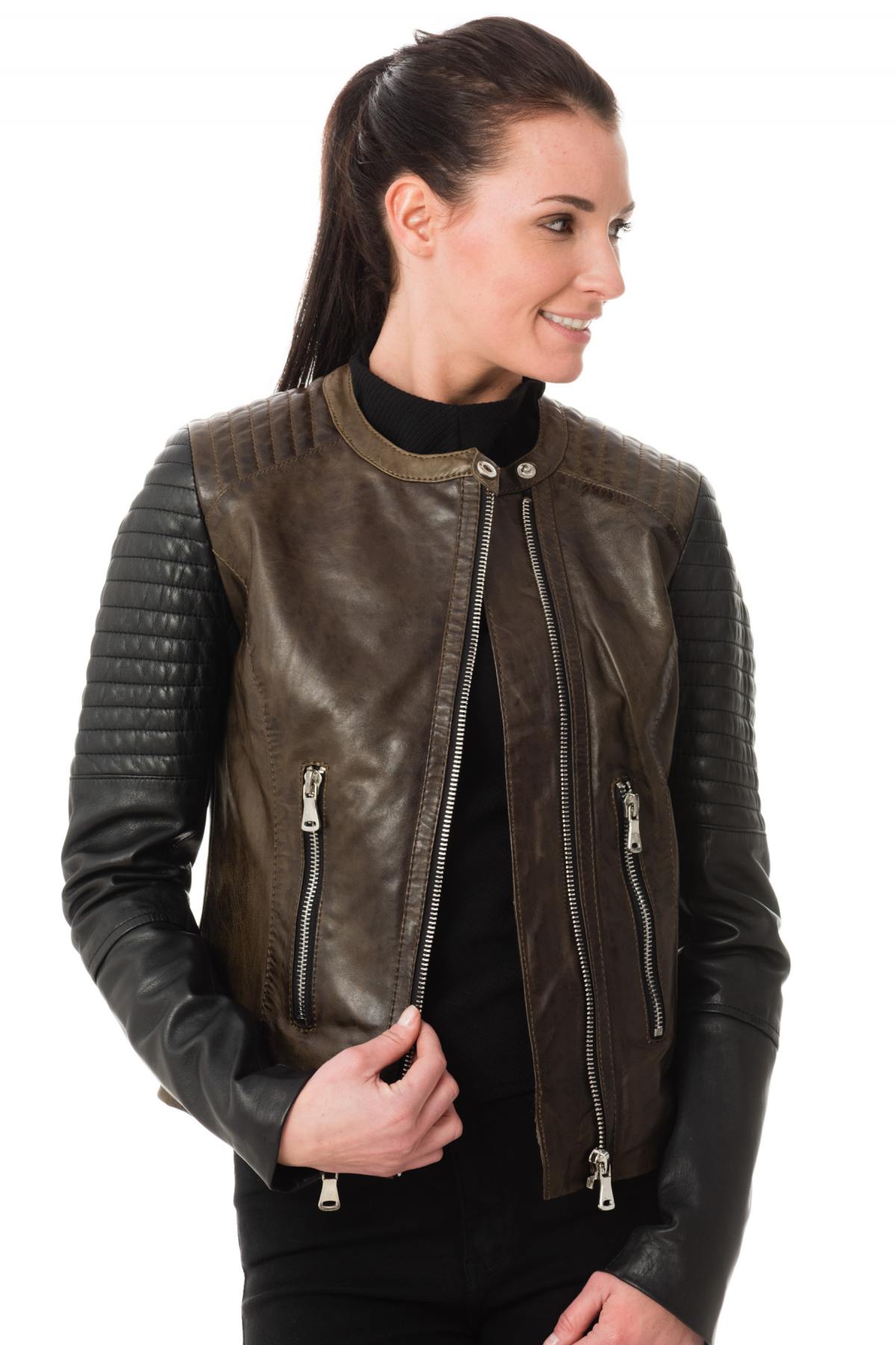 Korintage Leather Jacket for Women Khaki and Black - Image n°1