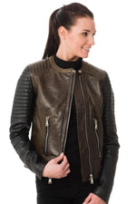Korintage Leather Jacket for Women Khaki and Black - Image n°1