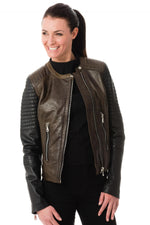 Korintage Leather Jacket for Women Khaki and Black - Image n°4