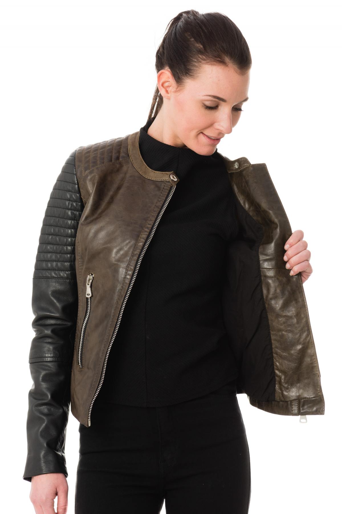 Korintage Leather Jacket for Women Khaki and Black - Image n°6