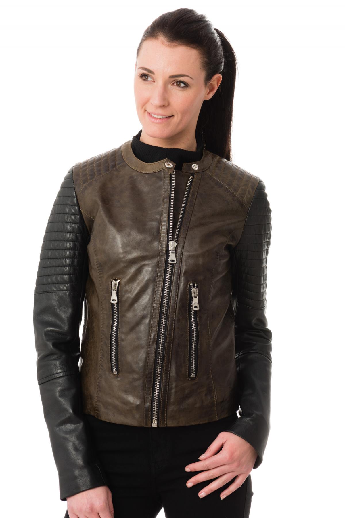 Korintage Leather Jacket for Women Khaki and Black - Image n°3