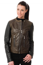 Korintage Leather Jacket for Women Khaki and Black - Image n°3