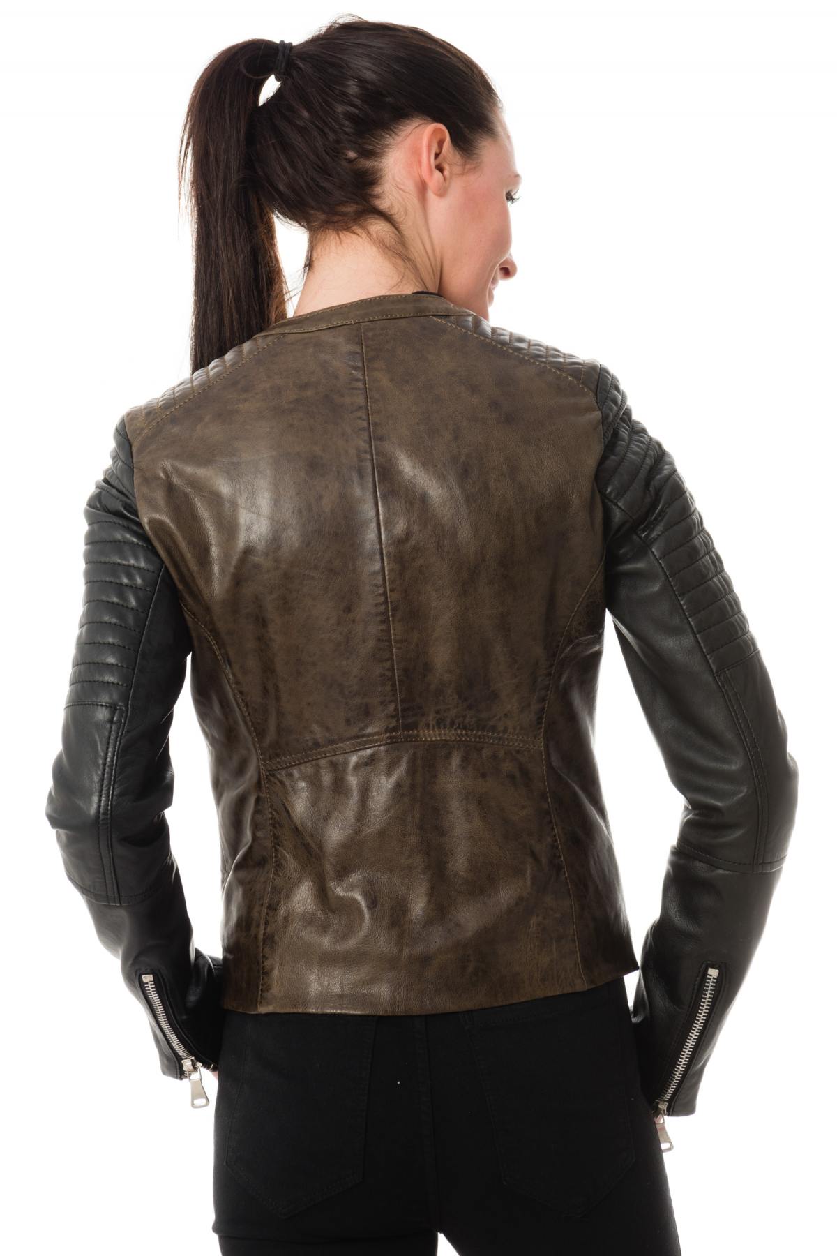 Korintage Leather Jacket for Women Khaki and Black - Image n°5